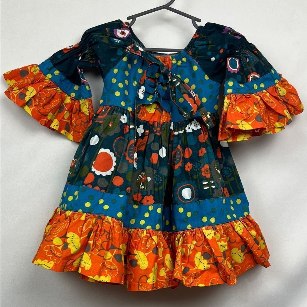 Jelly the pug blue and orange multi print peasant dress size 12 months